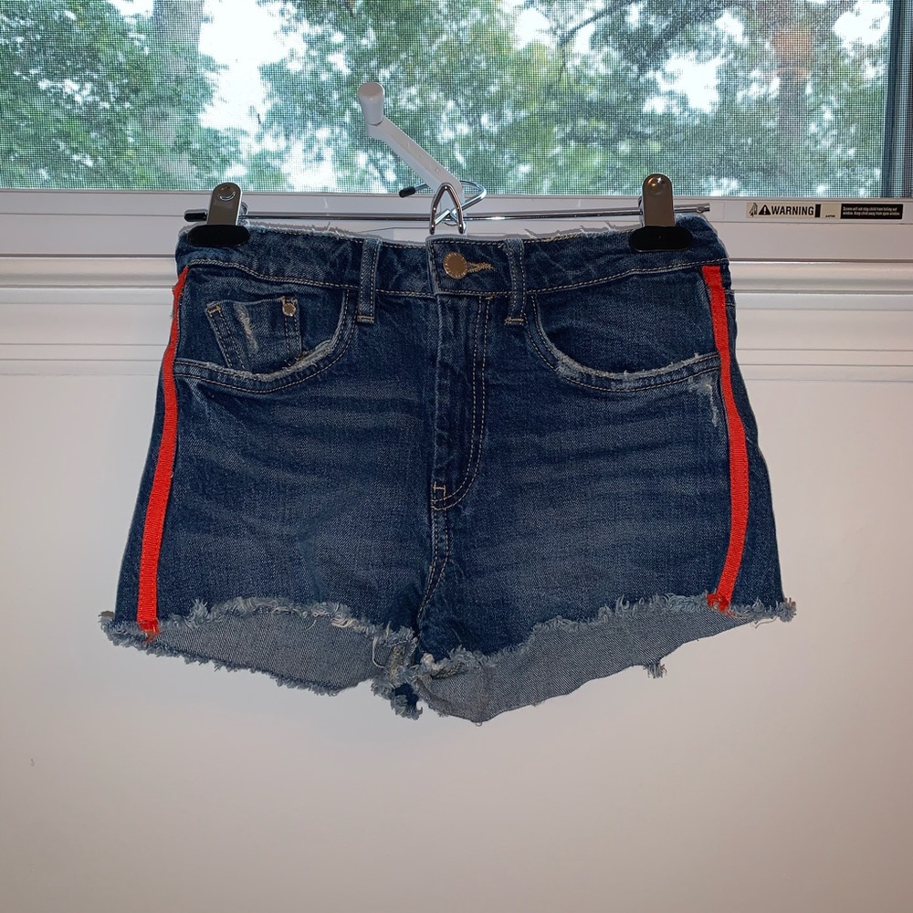 Zara Mid Rise Raw Hem Red Stripe Denim Shorts